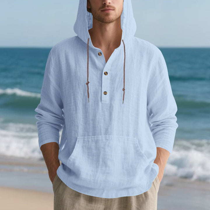 Men's Lightweight Hooded Henley Made of Cotton-Linen with Kangaroo Pocket Mune Fashion