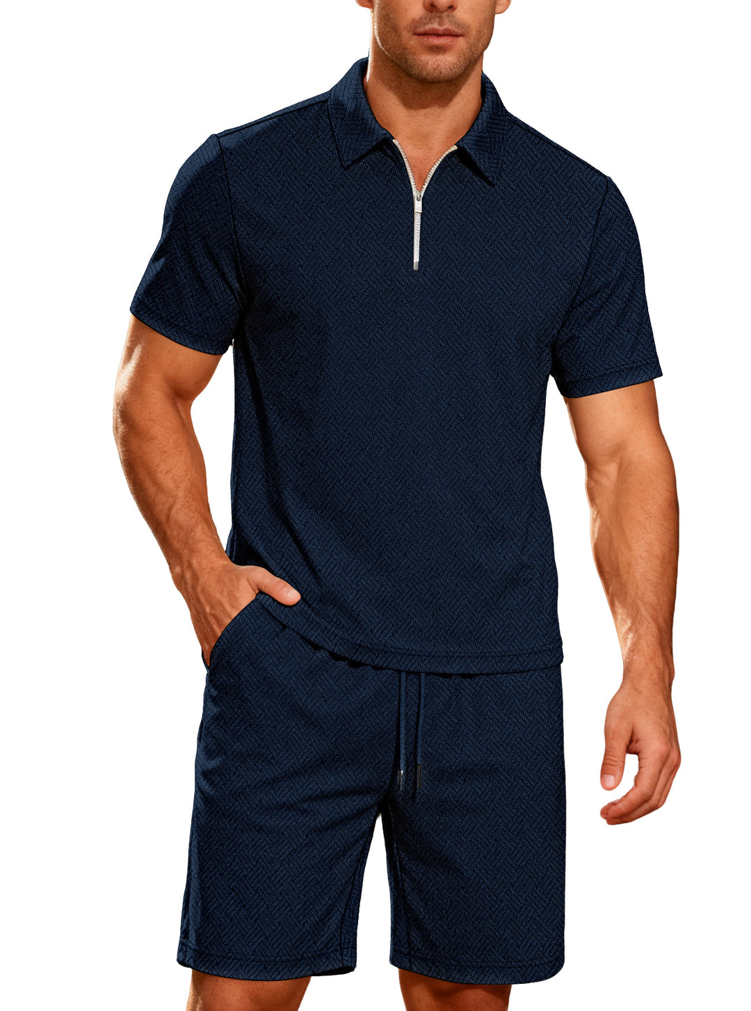 Men's comfortable lounge two-piece set made of structured cotton blend with half-zip polo shirt and drawstring shorts Mune Fashion