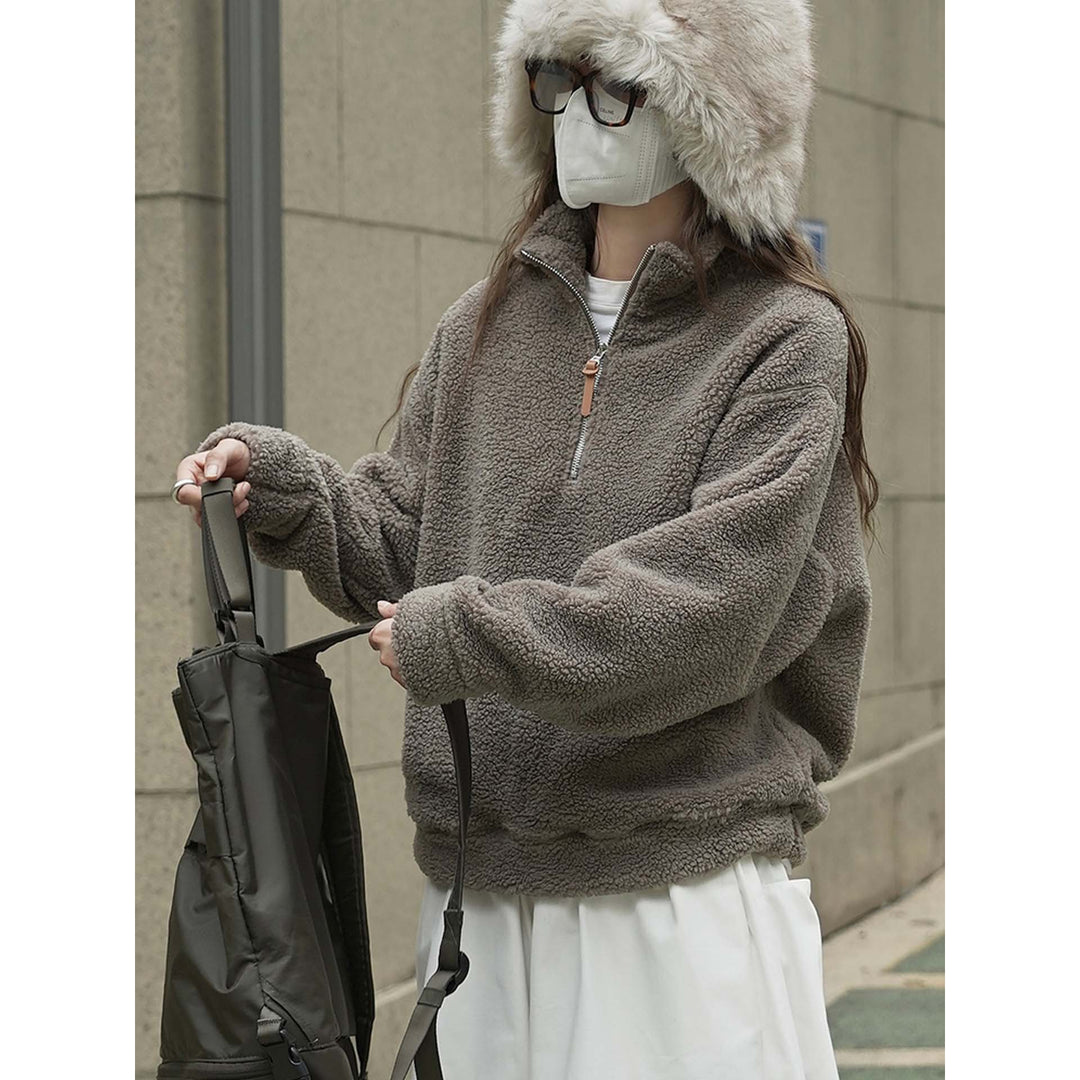 Women's Cozy Sherpa Half-Zip Pullover with Stand-Up Collar Mune Fashion