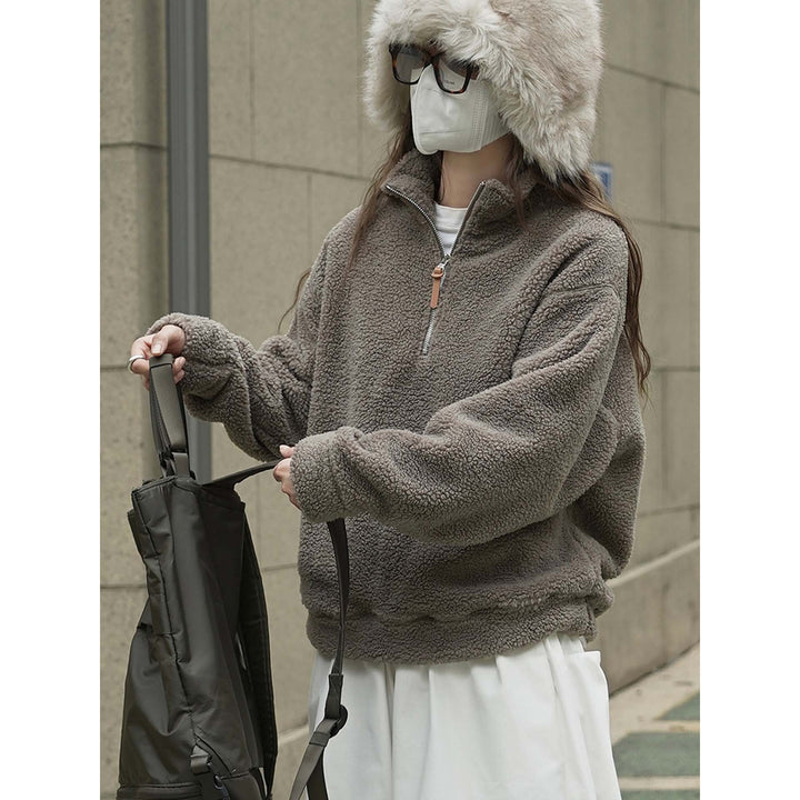 Women's Cozy Sherpa Half-Zip Pullover with Stand-Up Collar Mune Fashion
