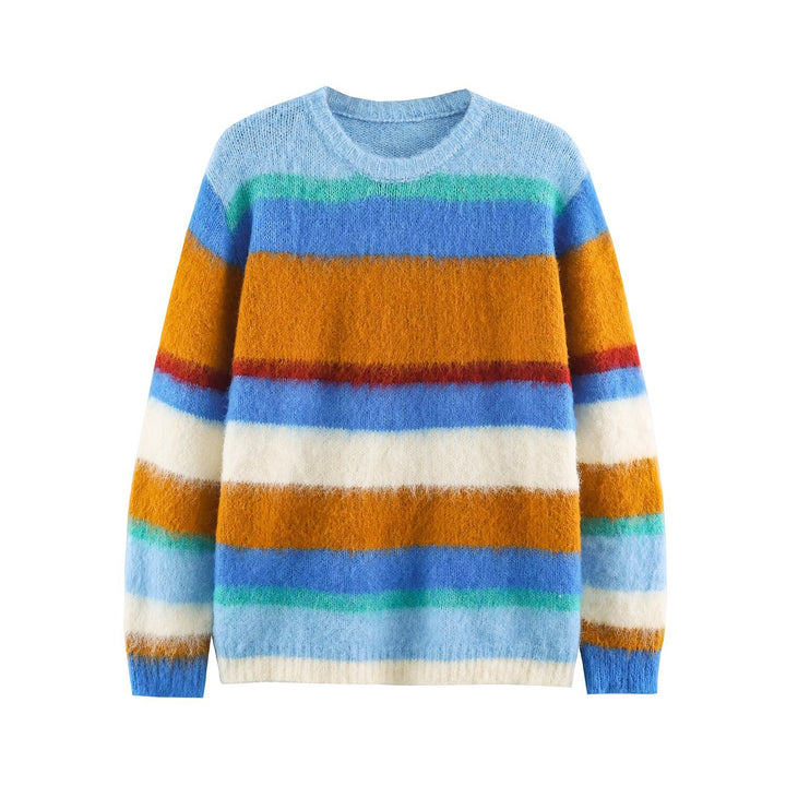 Women's Oversize Mohair-Look Striped Sweater with Round Neckline Mune Fashion