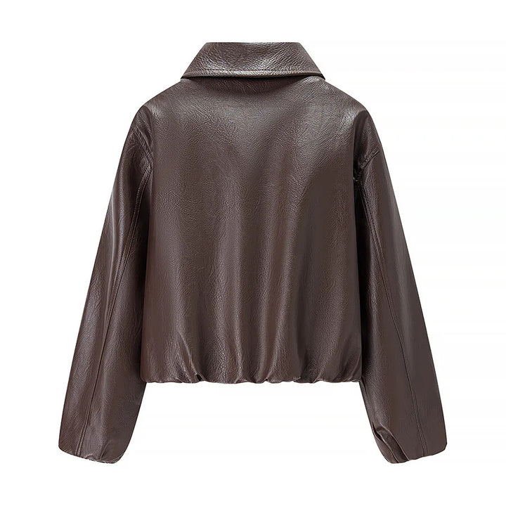 Women nan cropped shiny faux leather bomber jacket with shirt collar and elastic hem Mune Fashion
