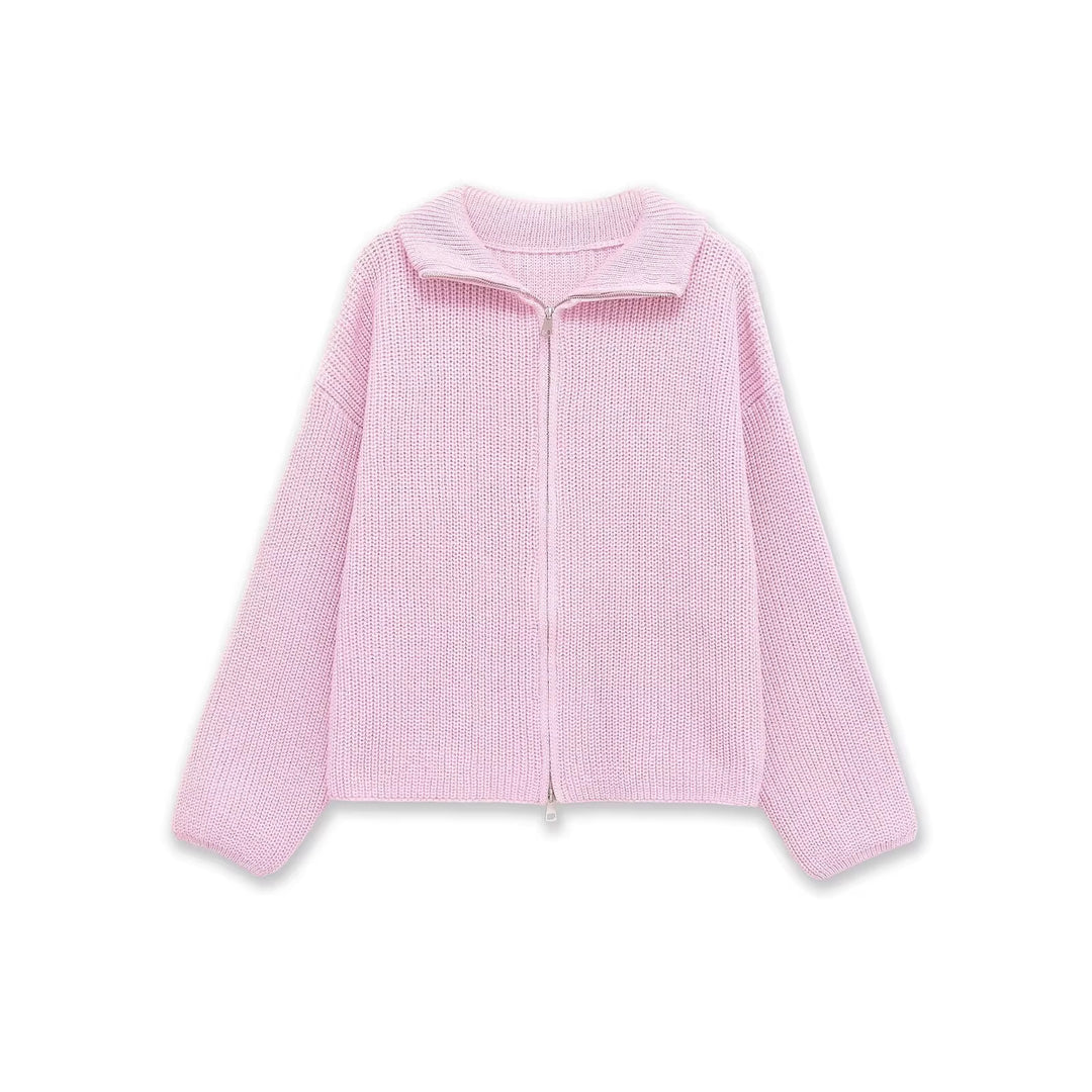 Women's Chunky Knit Zip Cardigan with Stand-up Collar and Oversized Silhouette Mune Fashion