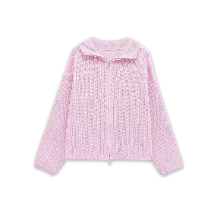 Women's Chunky Knit Zip Cardigan with Stand-up Collar and Oversized Silhouette Mune Fashion