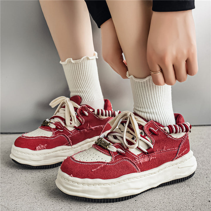 Women's denim platform sneaker with contrast stitching, padded wave sole and embellished lacing details Mune Fashion