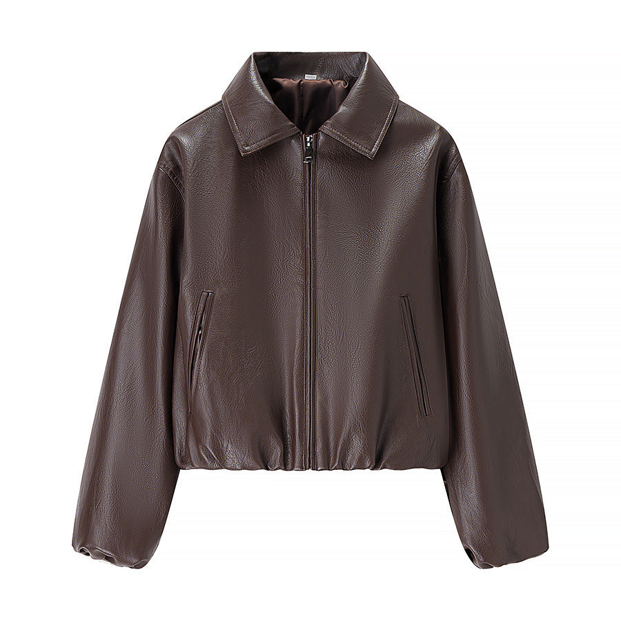 Women short cut leather imitation blouson with zipper and elastic hem Mune Fashion