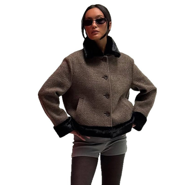 Women's Short Cut Boxy Wool Blend Coat with Contrast Faux Fur Trim Mune Fashion