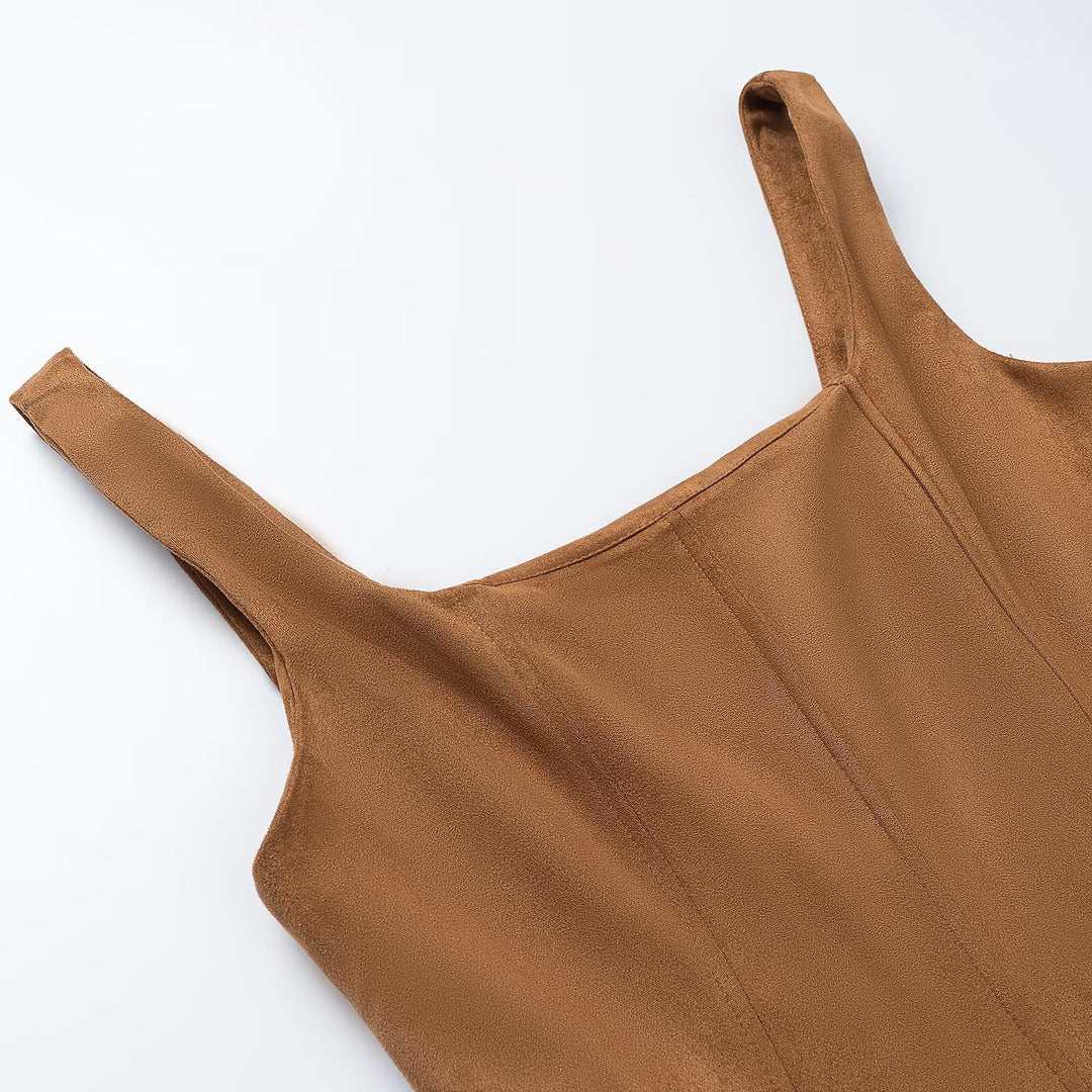 Women's A-line midi dress in suede look with square neckline and princess seams Mune Fashion