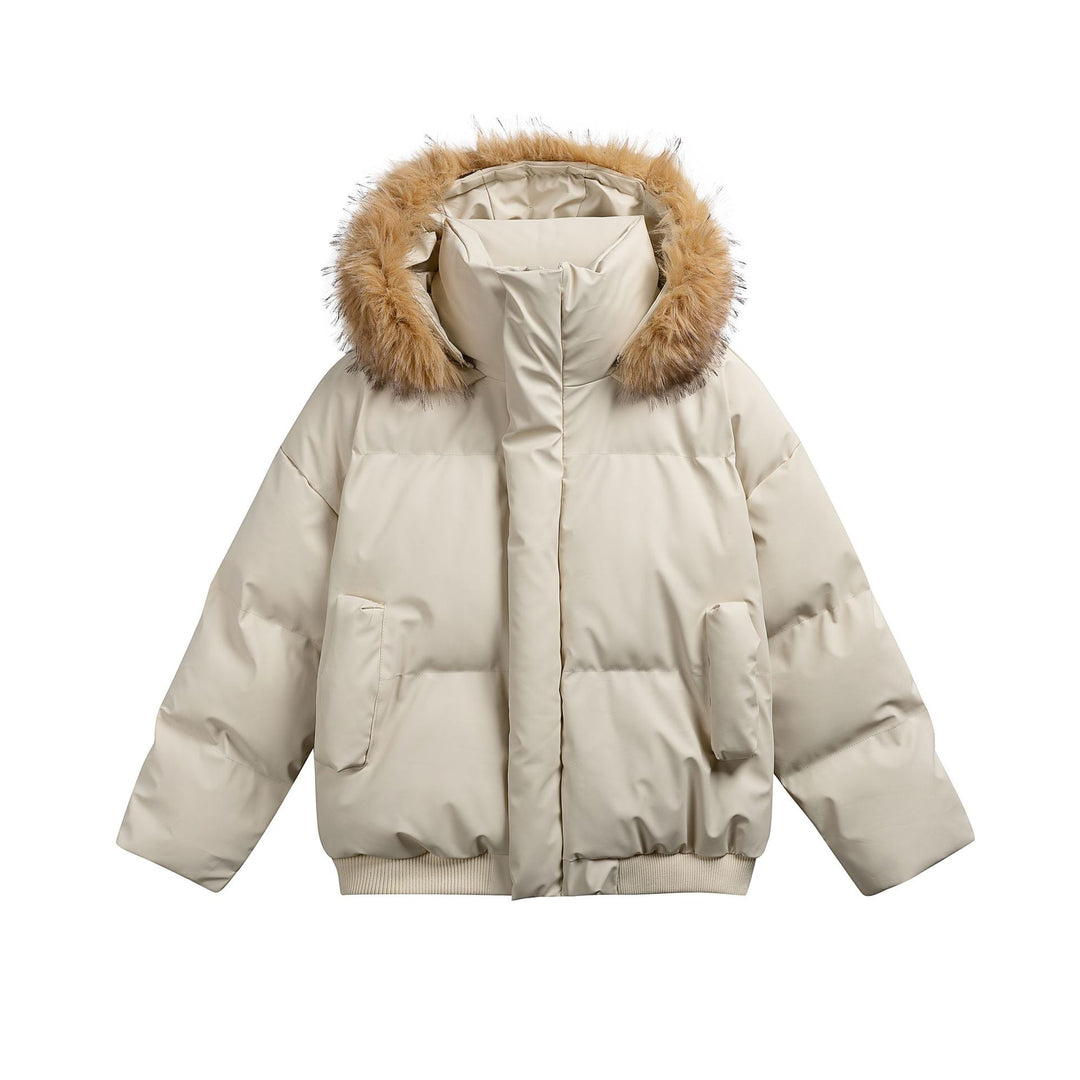 Women's Padded Short Quilted Jacket with Faux Fur Hood and Ribbed Hem Mune Fashion