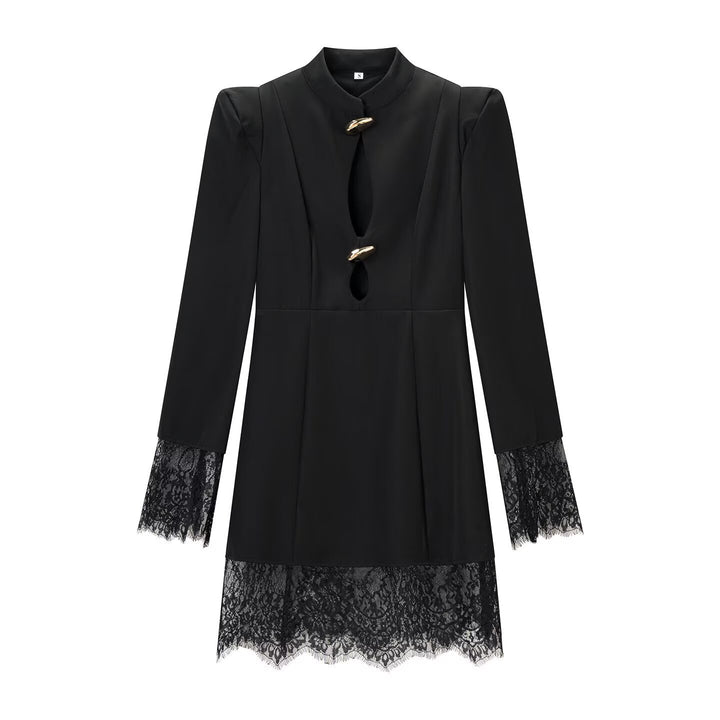 Women's Long Sleeve Mini Dress with Stand Collar, Cut-outs, Golden Decorative Buttons and Lace Trim Mune Fashion