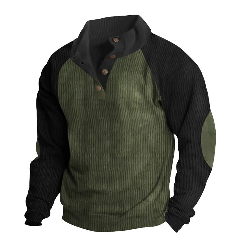 Men's Structured Raglan Henley Pullover with Stand Collar, Elbow Patches & Button Placket Mune Fashion