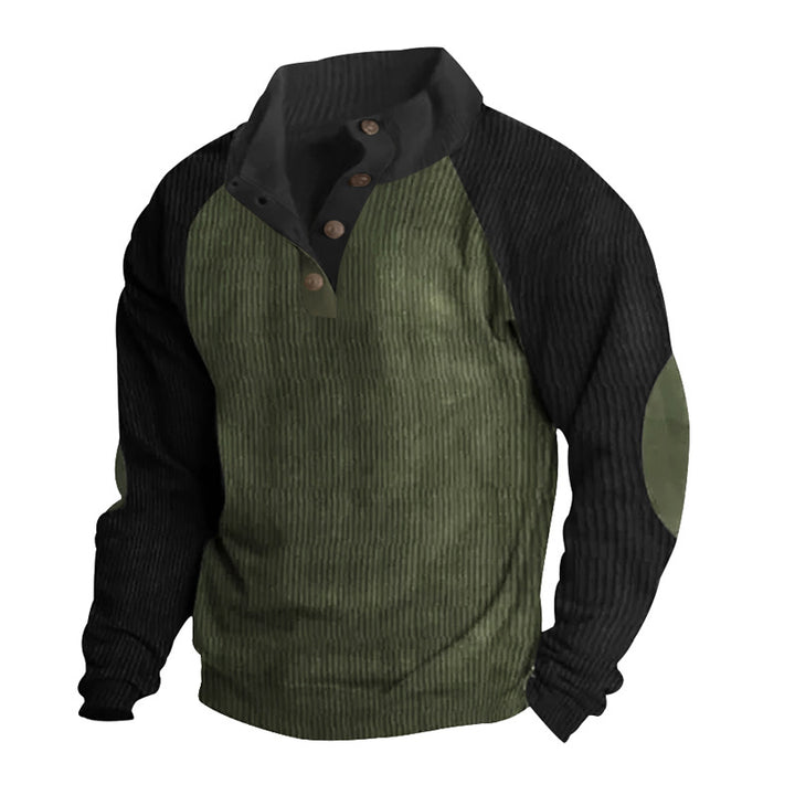 Men's Structured Raglan Henley Pullover with Stand Collar, Elbow Patches & Button Placket Mune Fashion