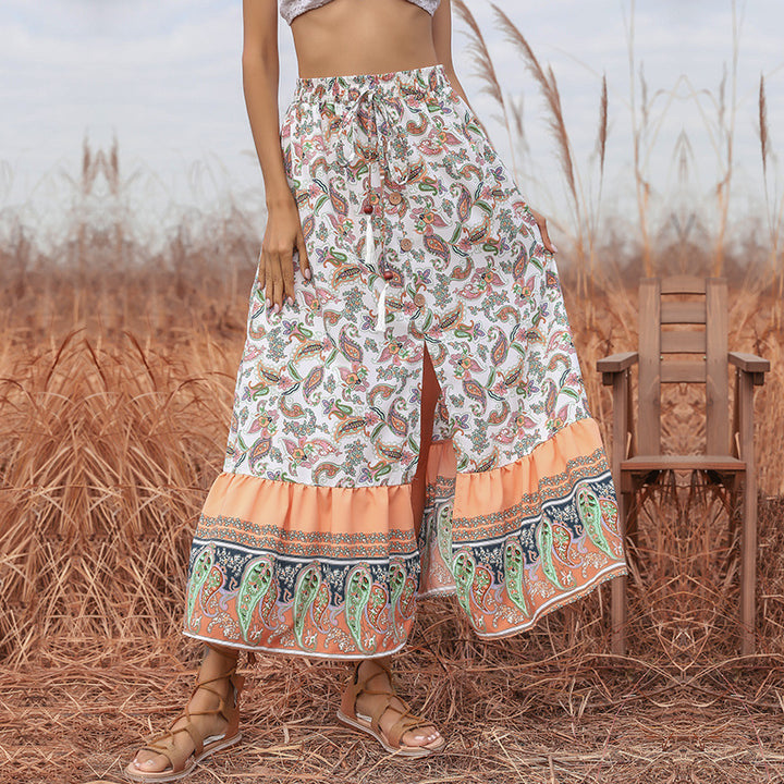 Women's Boho Maxi Skirt with Paisley Allover Print, Elastic Waistband, Drawstring and Ruffle Tier Mune Fashion