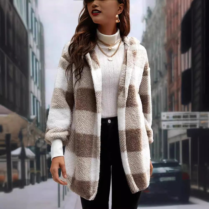 Women's checked teddy coat with large lapel collar and ribbed cuffs Mune Fashion