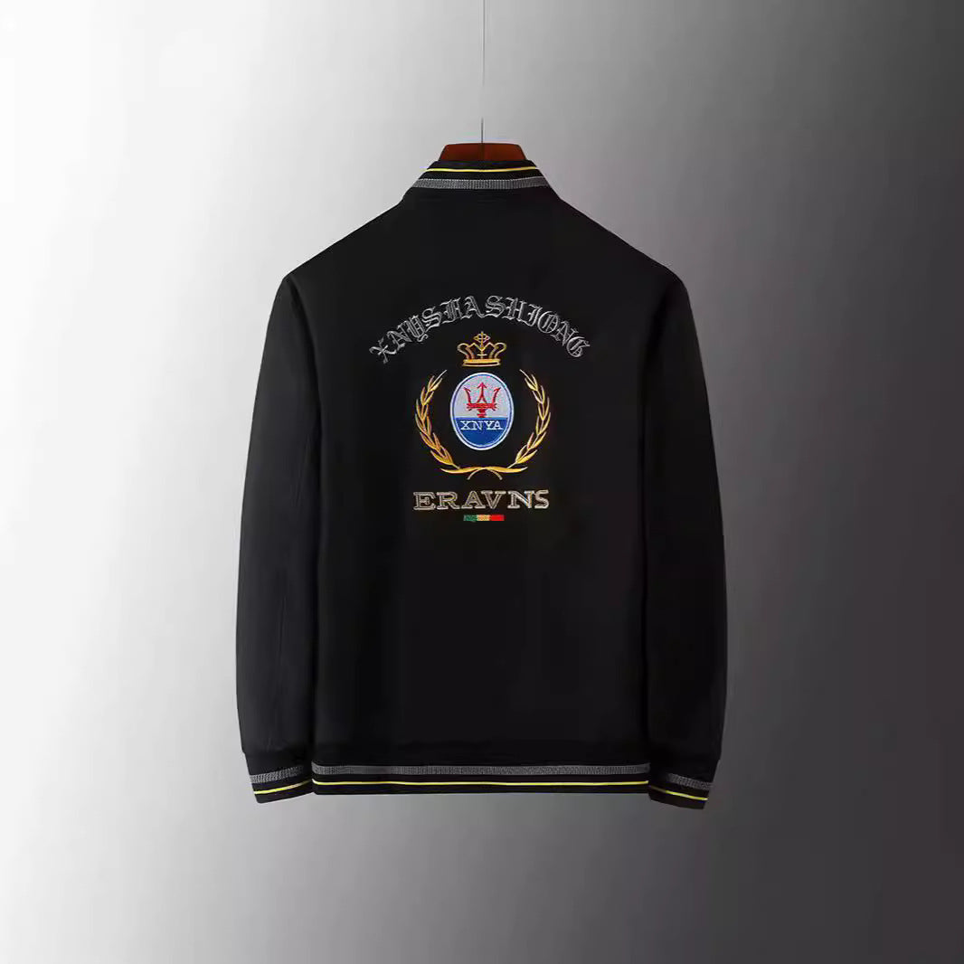 Men's stick detail bomber jacket in retro crest style with emblem embroidery and zipper arm pocket Mune Fashion
