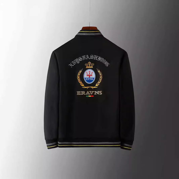 Men's stick detail bomber jacket in retro crest style with emblem embroidery and zipper arm pocket Mune Fashion