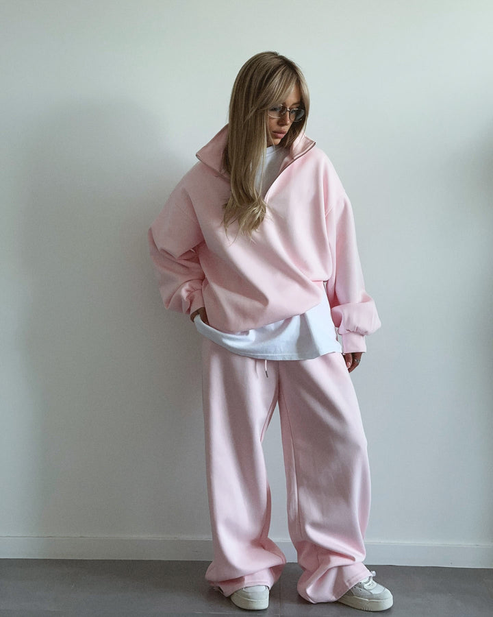 Women nan Oversize Half-zip Pullover with Stand-up Collar and Wide Lounge Pants Set Mune Fashion