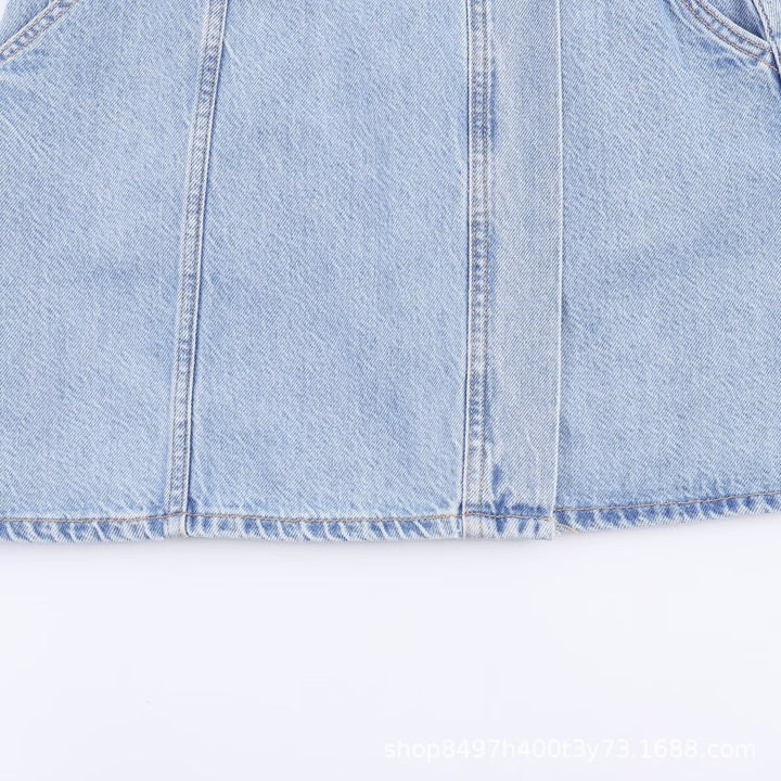 Women's Tailored Denim Dress with Tie Belt, Shirt Blouse Collar and Flap Pockets Mune Fashion