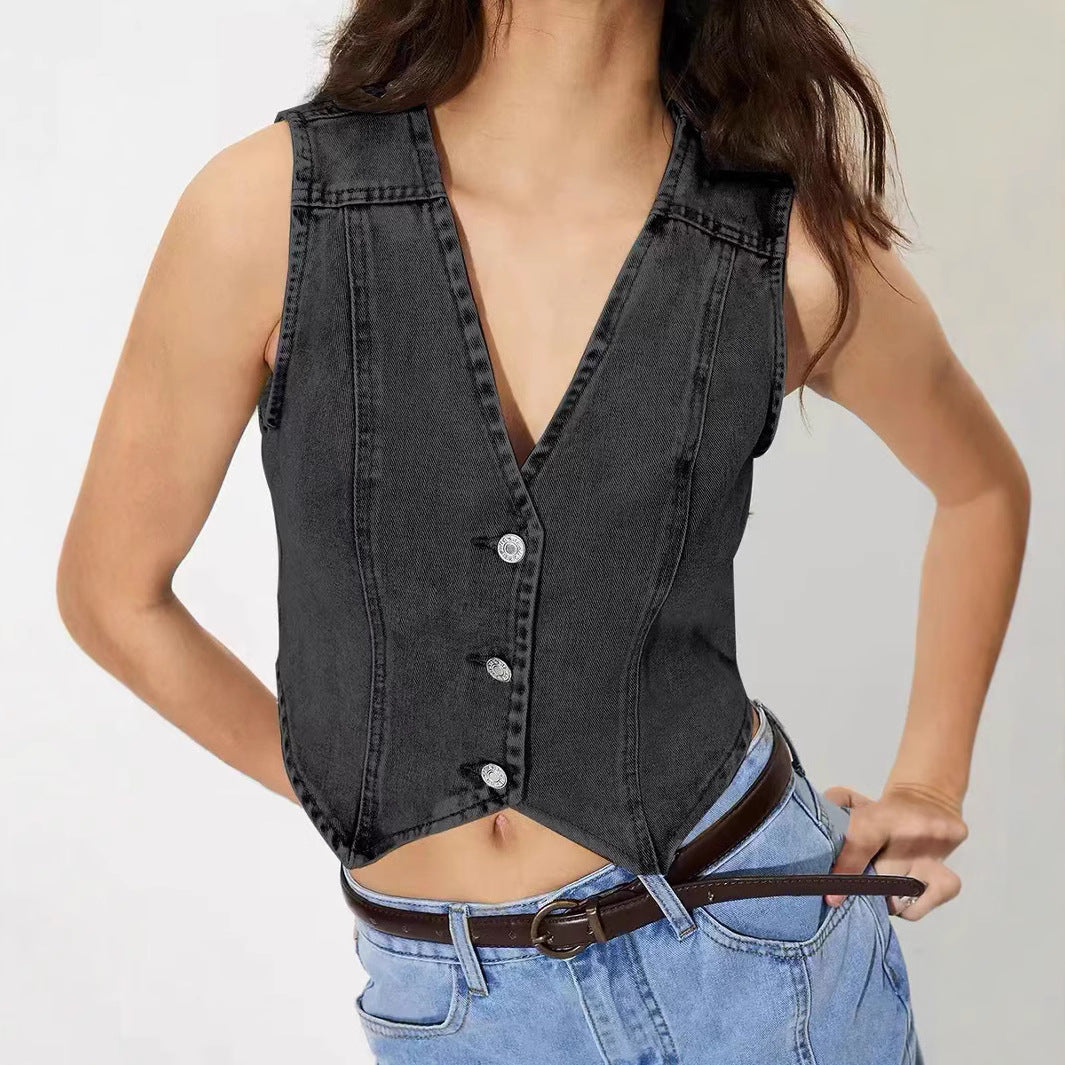 Women tailored sleeveless denim vest with V-neck Mune Fashion