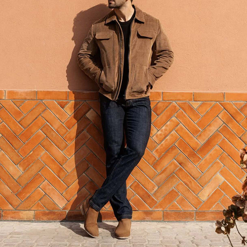 Men's short jacket made of fine corduroy with a shirt collar, zipper, and flap pockets Mune Fashion