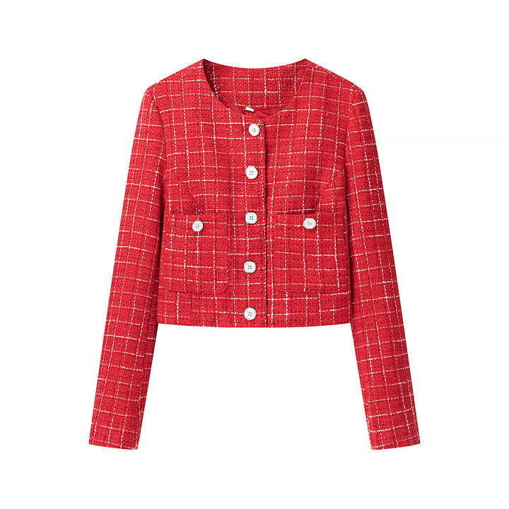 Women's Short-Cut Boucle Tweed Blazer with Round Neck, Decorative Buttons and Patch Pockets Mune Fashion
