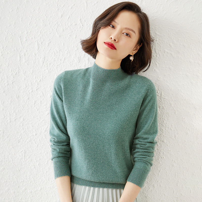 Women Luxurious Cashmere Fine Knit Sweater with Standing Collar Mune Fashion