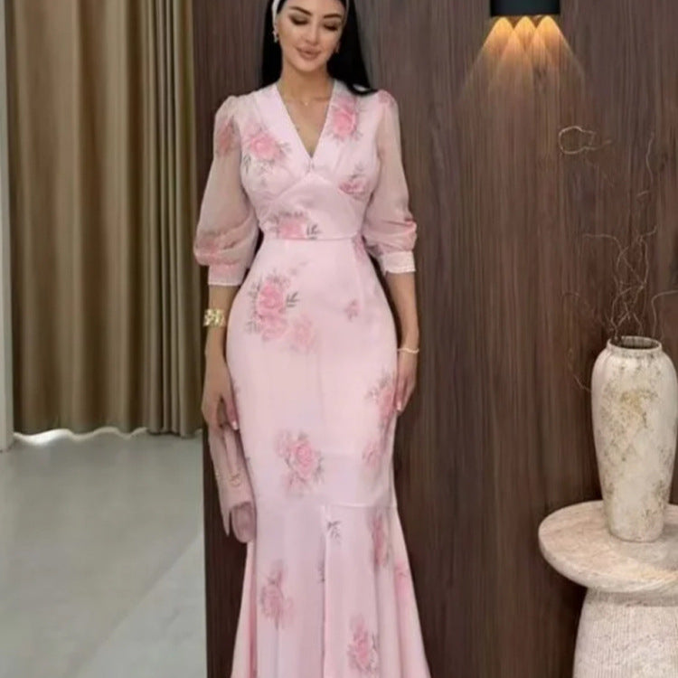 Ladies Elegant Maxi Dress in Mermaid Cut with V-Neck and Transparent Puff Sleeves Mune Fashion