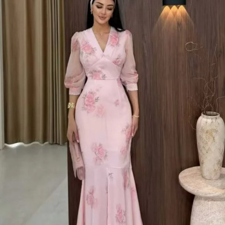 Ladies Elegant Maxi Dress in Mermaid Cut with V-Neck and Transparent Puff Sleeves Mune Fashion