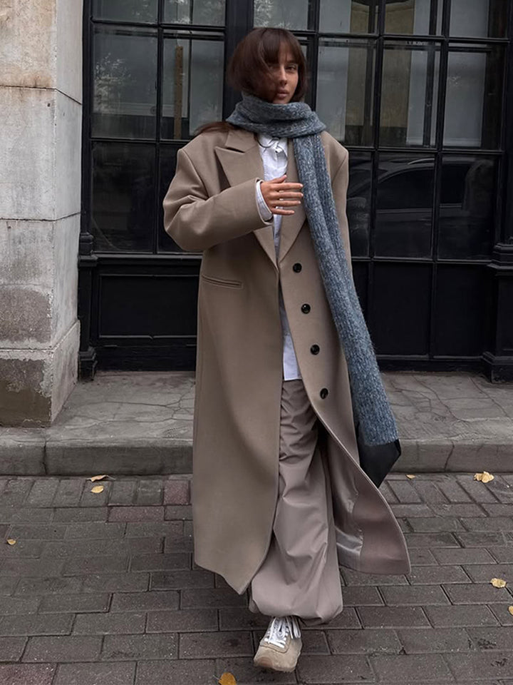 Women Maxilength Clean-Cut Wool Blend Coat with Oversized Lapels and Straight Silhouette Mune Fashion