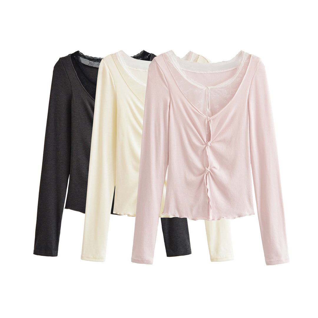 Women's Long Sleeve Fine Jersey Top with Lace Insert, Knot Front and Gathered Detail