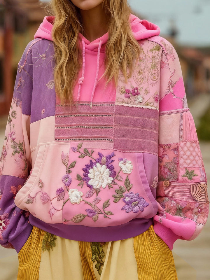 Women's Embroidered Patchwork Hoodie with Flower Applique and Kangaroo Pocket Mune Fashion