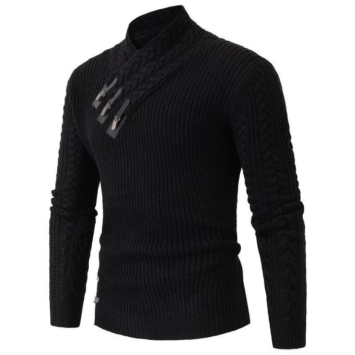 Men's Structured Cable Knit Mock Neck Sweater with Asymmetrical Strap Decoration Mune Fashion