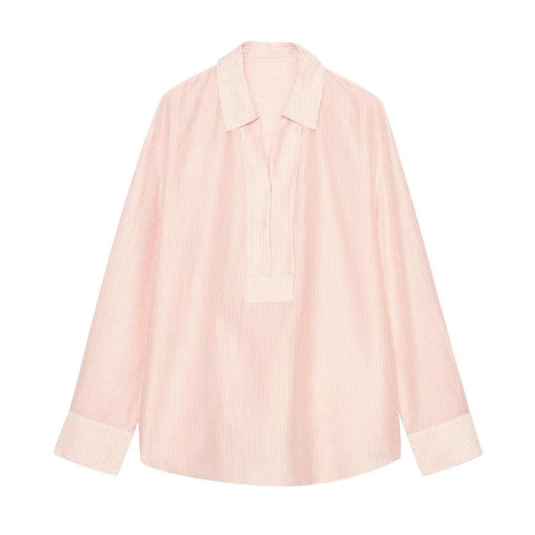 Women Loose-Fitting Tunic Shirt Blouse with Half-Open V-Neck and Wide Cuffs Mune Fashion
