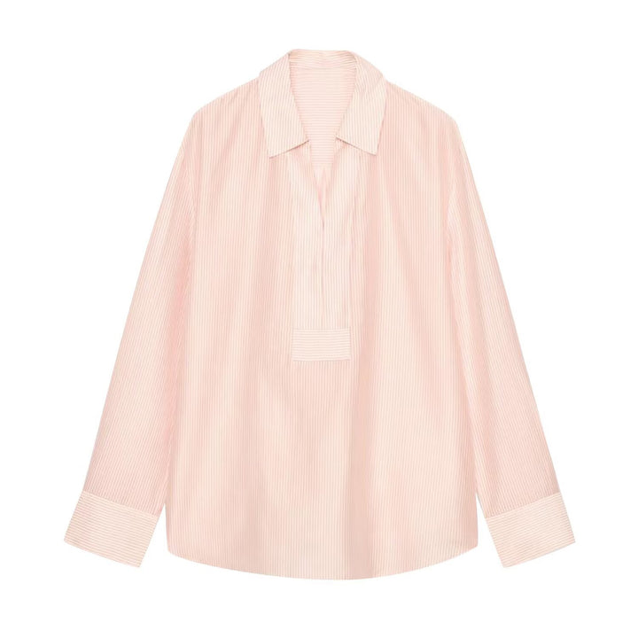 Women Loose-Fitting Tunic Shirt Blouse with Half-Open V-Neck and Wide Cuffs Mune Fashion