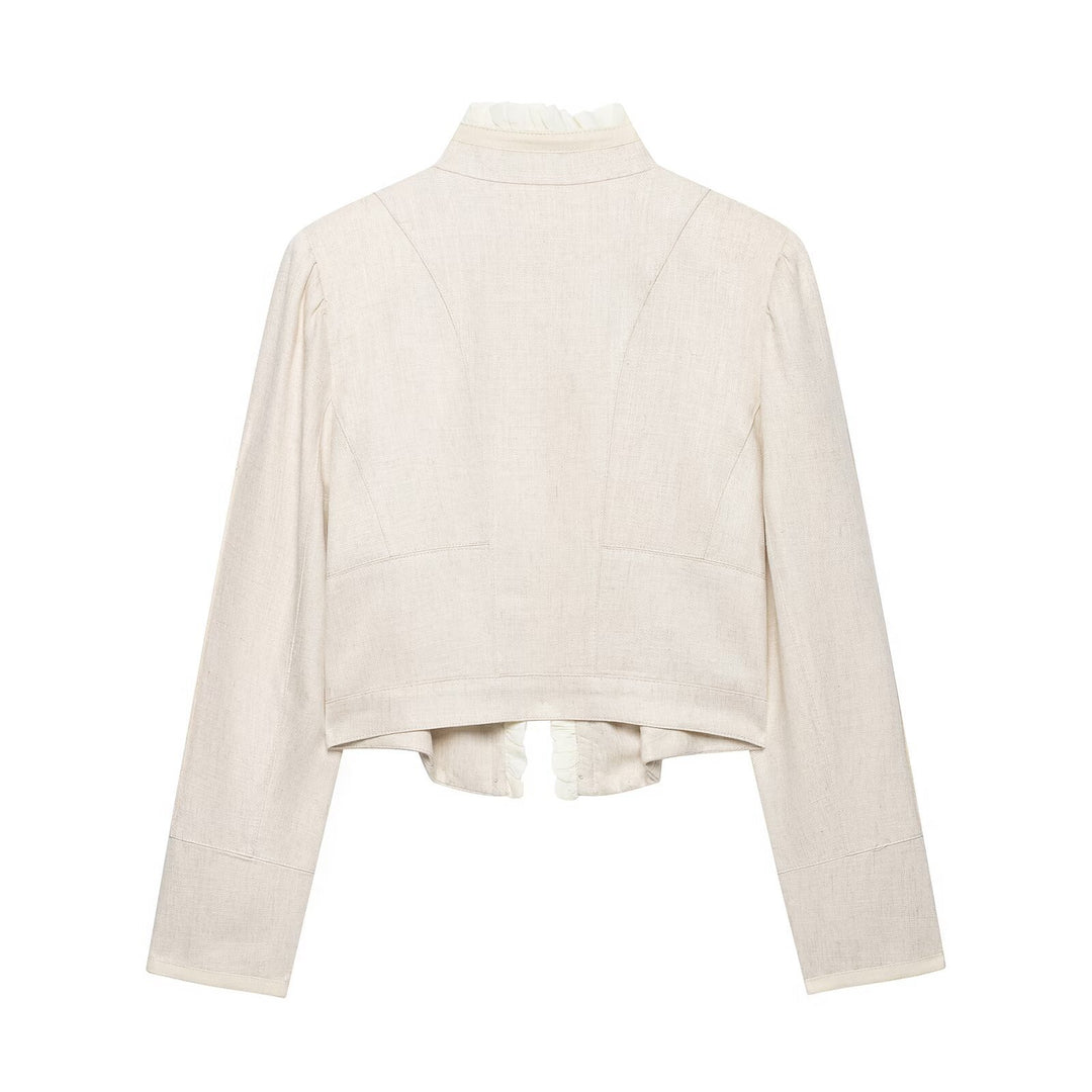 Women's cropped jacket made of linen blend with stand-up collar, decorative button placket and ruffle detail Drune