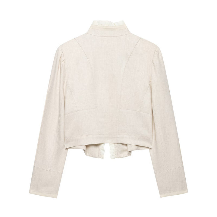 Women's cropped jacket made of linen blend with stand-up collar, decorative button placket and ruffle detail Drune