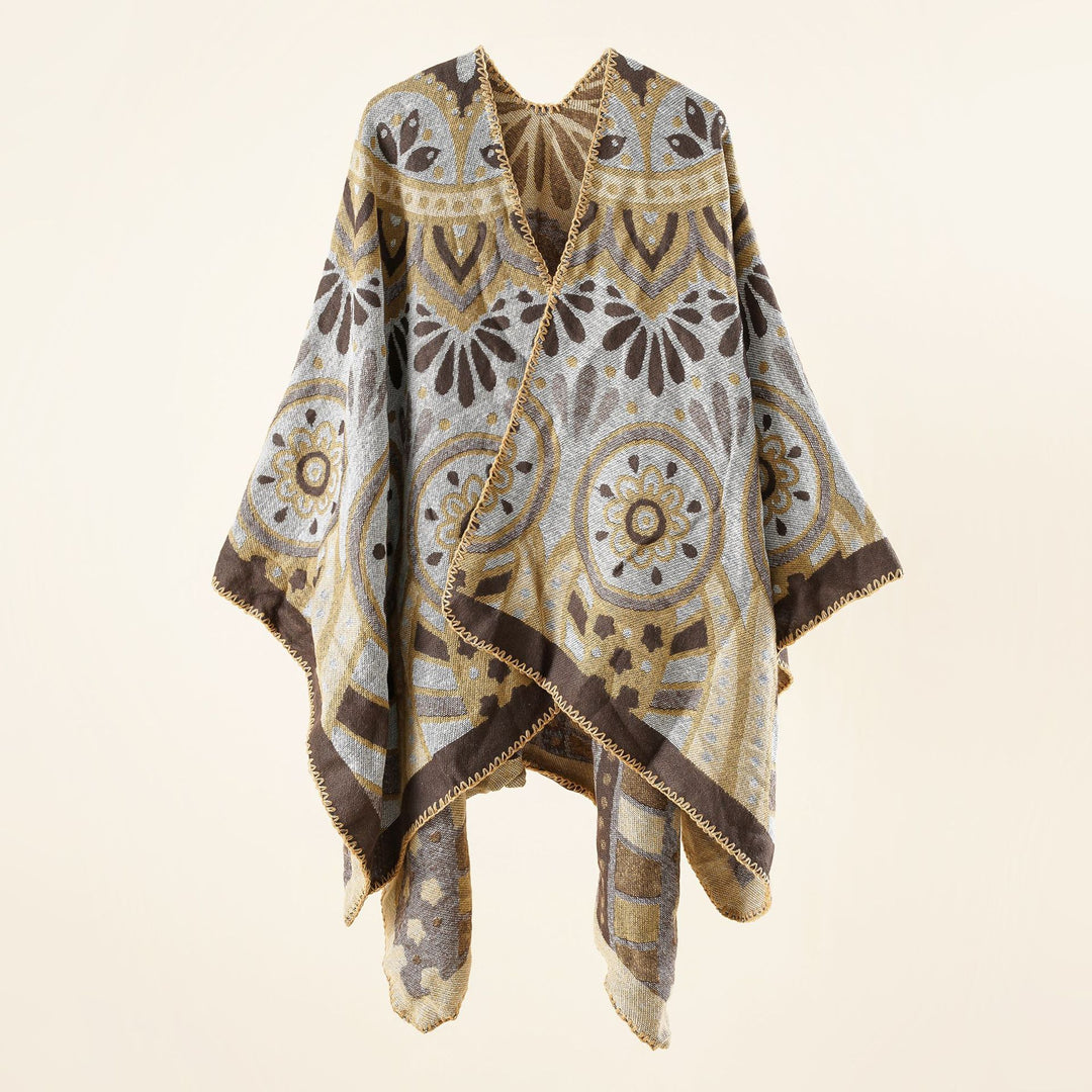 Women's wool blend cape poncho with ornamental jacquard structure and open fall Mune Fashion