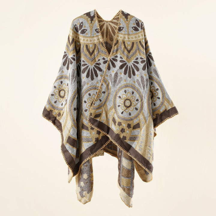 Women's wool blend cape poncho with ornamental jacquard structure and open fall Mune Fashion