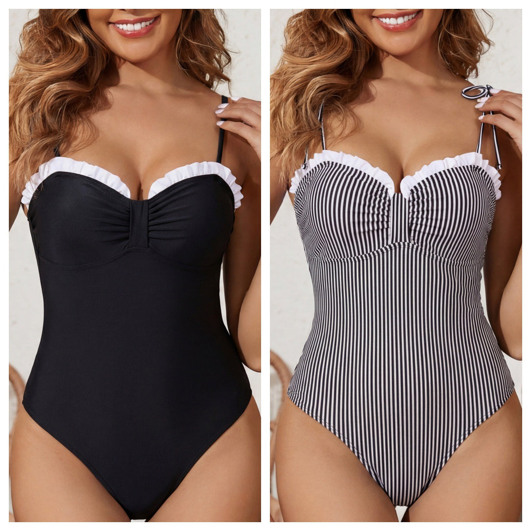 Women One-Piece Swimsuit with Floral Bustier Design and Elegant Ruffle Mune Fashion