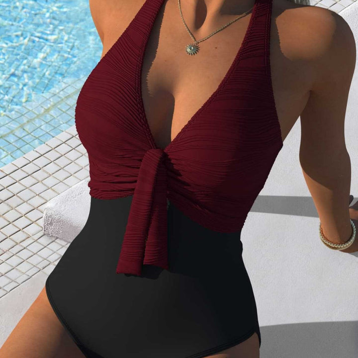 Women One Piece Swimsuit with ruftiger Chiffon Surface and Elegant Knot Detail Mune Fashion