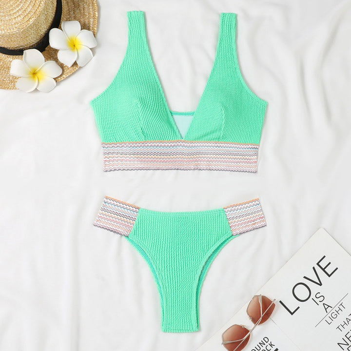 Women's Wave Pattern Bikini Set with Deep V-Neck Mune Fashion