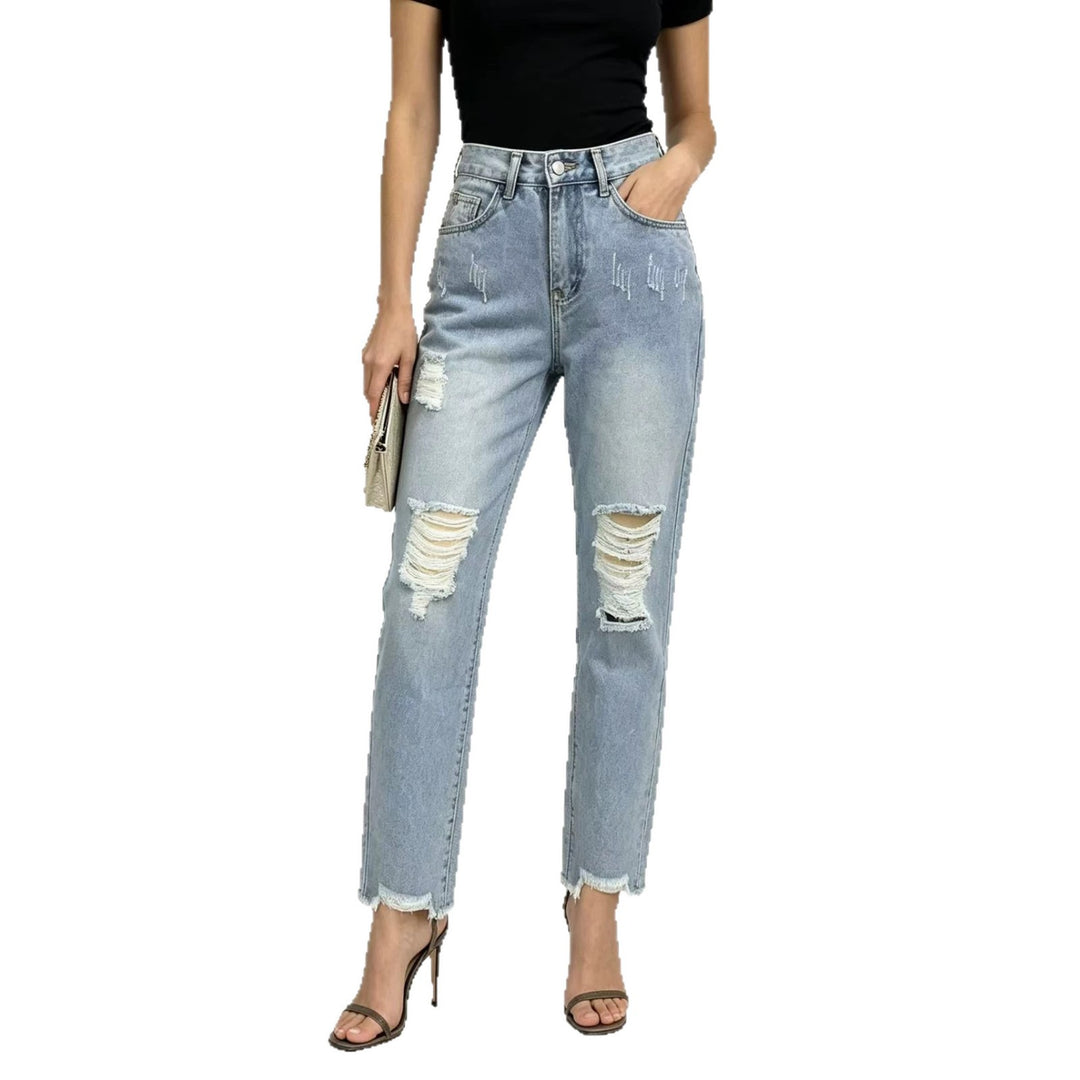 Women's high-waisted Straight Leg Jeans with targeted tear details and raw ankle hem Mune Fashion