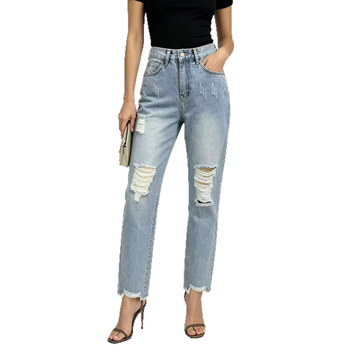 Women's high-waisted Straight Leg Jeans with targeted tear details and raw ankle hem Mune Fashion