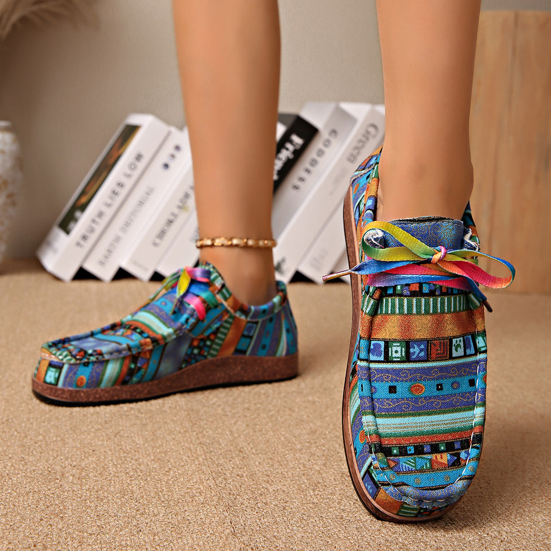 Women Patterned Comfort Moccasins with Wedge Sole and Colorful Band Mune Fashion