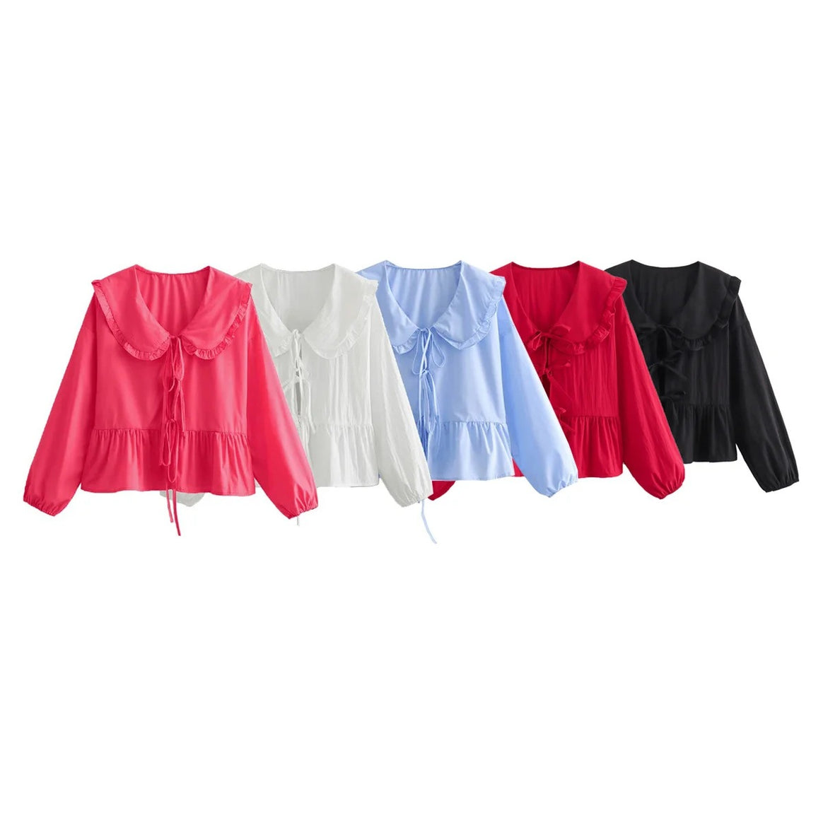 Women's Ruffle Blouse with Large Peter Pan Collar, Ties and Balloon Sleeves Mune Fashion