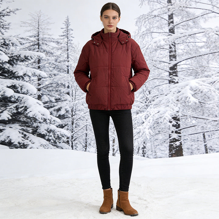 Women's Padded Quilted Jacket with Volume Hood, Elastic Hem and Adjustable Waist Mune Fashion
