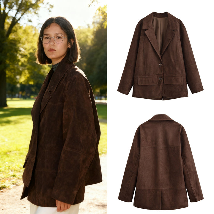 Women's Oversized Suede Look Blazer Jacket with Lapel Collar and Flap Pockets Mune Fashion