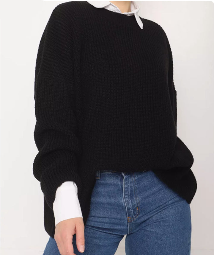 Women's Oversize Structured Knit Sweater with Round Neckline and Dropped Shoulder Mune Fashion