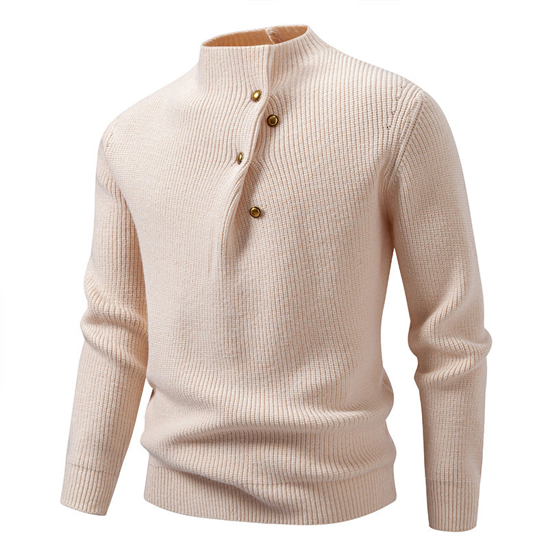 Men's fine knit sweater with asymmetric button placket and stand-up collar Mune Fashion