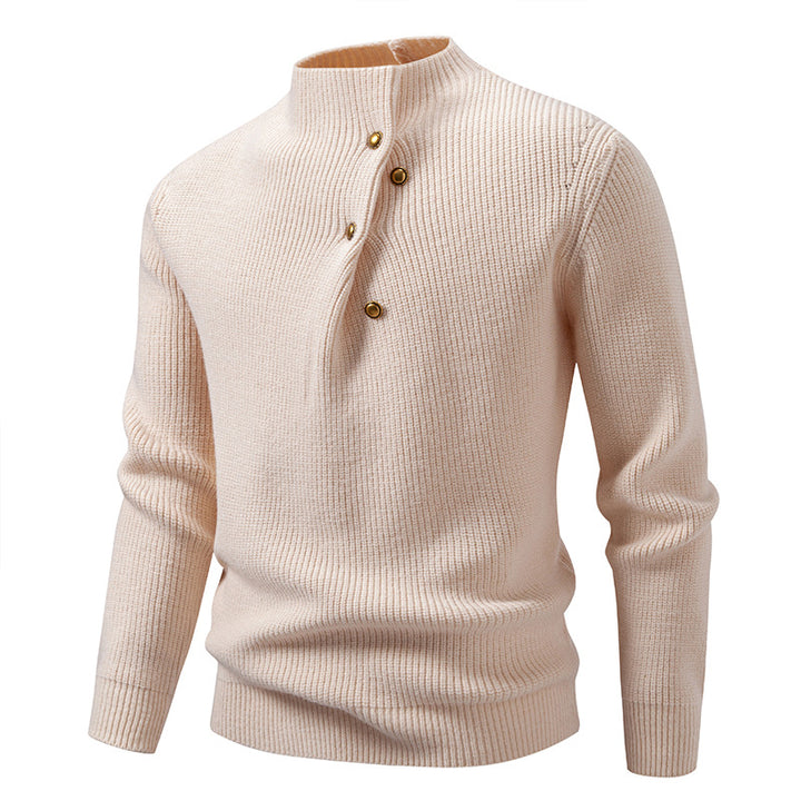 Men's fine knit sweater with asymmetric button placket and stand-up collar Mune Fashion